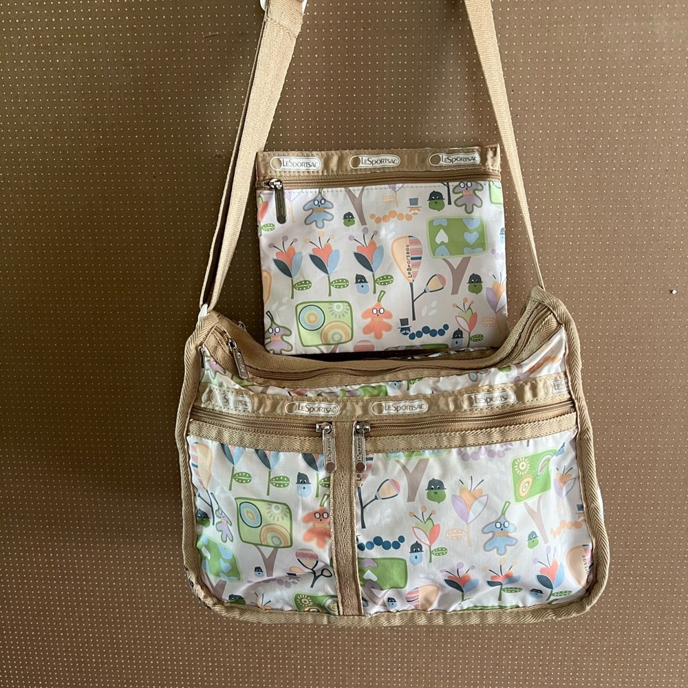LeSportsac Tan and Cream Floral Shoulder Bag Set